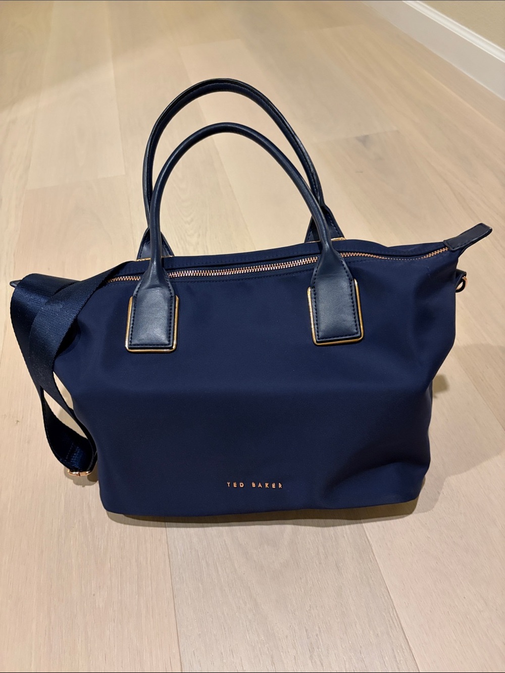 Ted Baker Navy Shoulder Tote with Rose Gold Accents